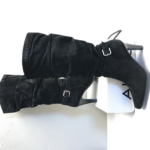 Aldo Shoes - ALDO Black Suede Knee-High Buckle Stiletto Slouch Boots Women's Size 8M